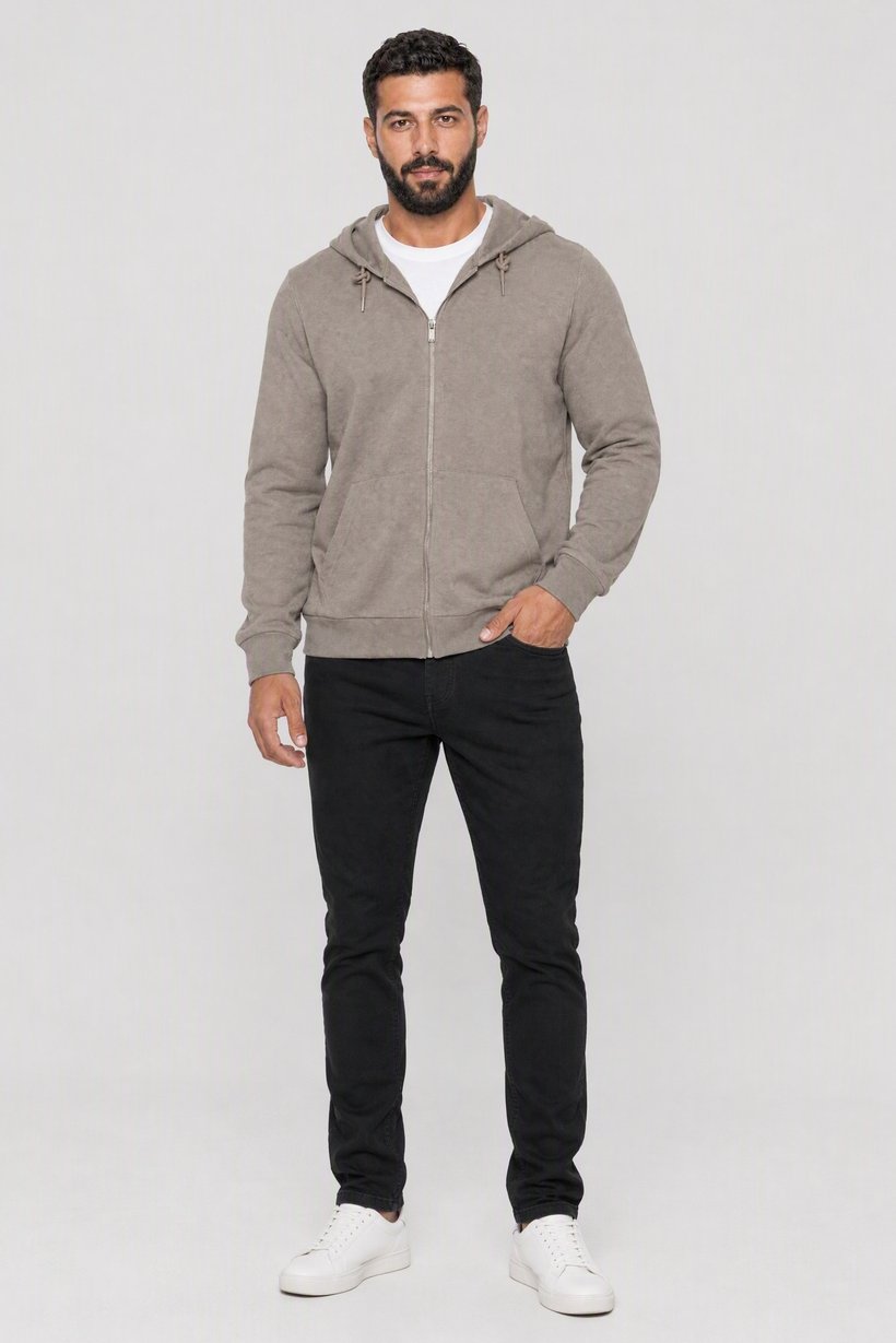 Men Long Sleeve Textured Full Zip Hoodie, Light Taupe