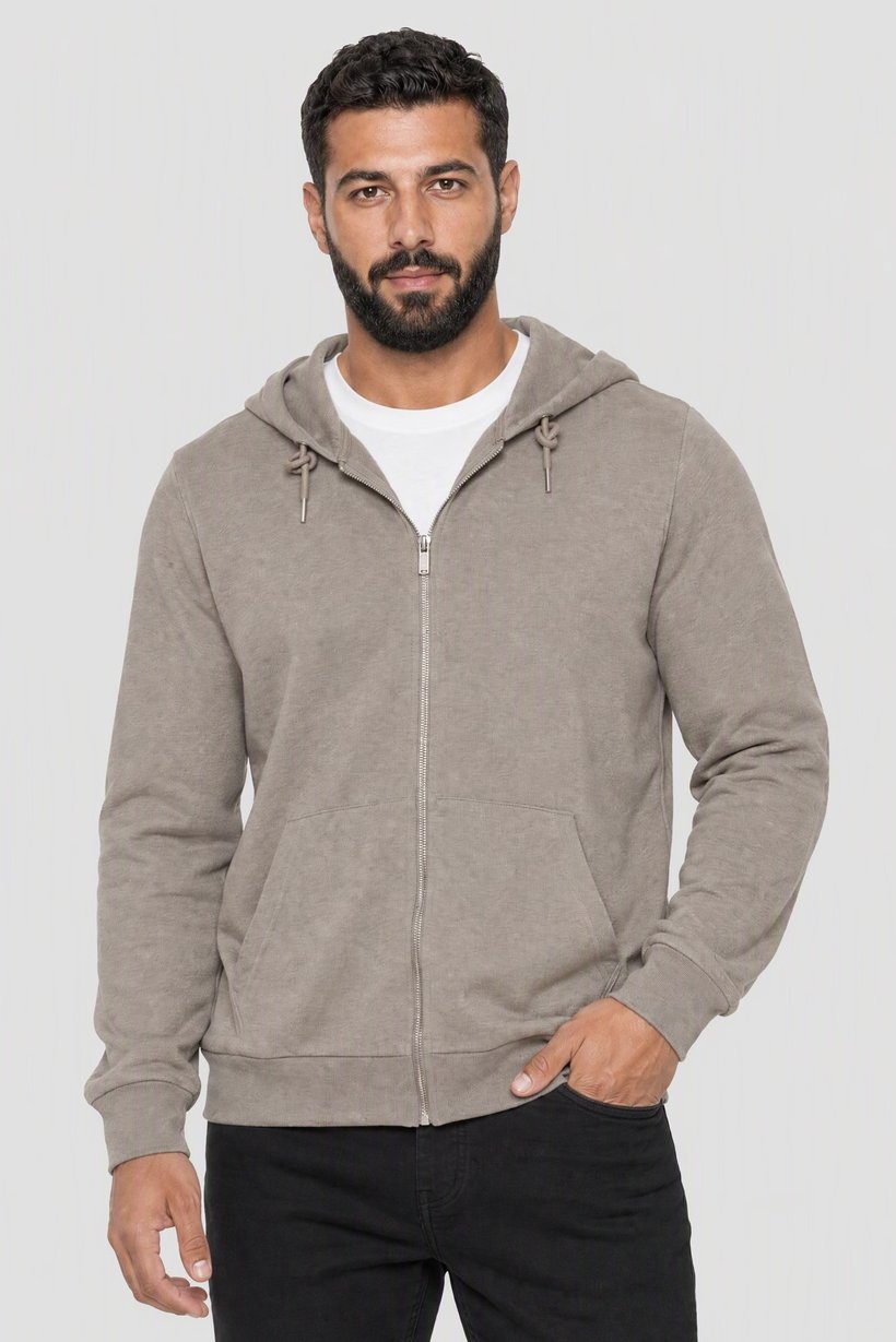 Men Long Sleeve Textured Full Zip Hoodie, Light Taupe