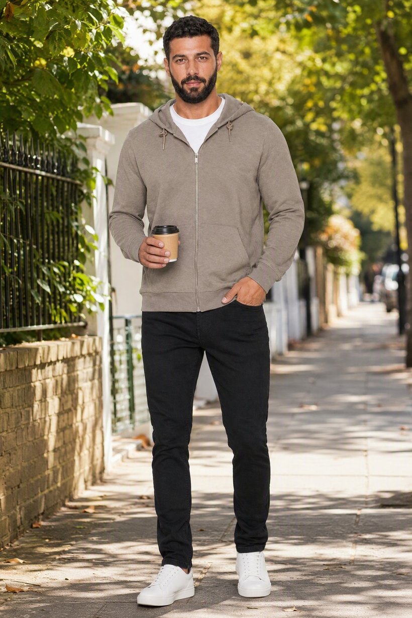 Men Long Sleeve Textured Full Zip Hoodie, Light Taupe