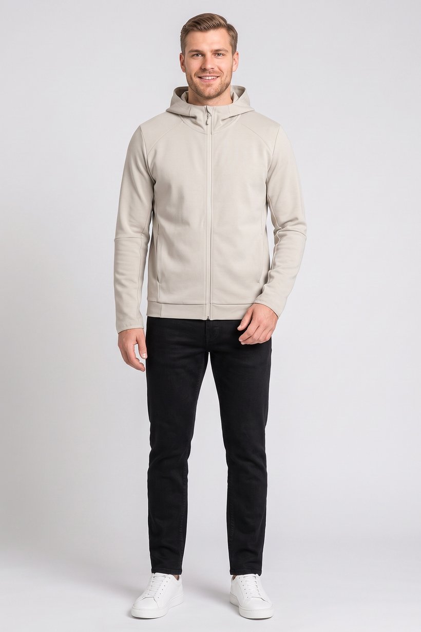 Men Solid Long Sleeve Hoodie, Beige