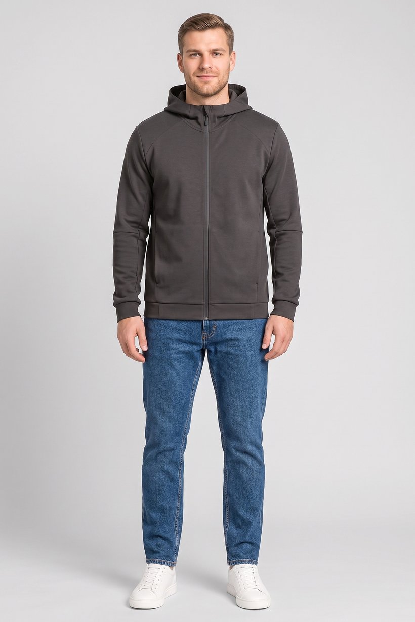 Men Solid Long Sleeve Hoodie, Charcoal Grey