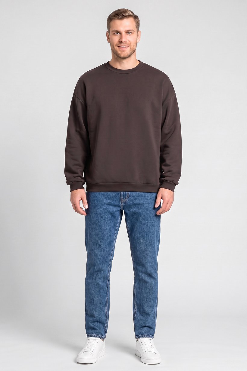 Men Crew Neck Long Sleeve Plain Sweatshirt, Dark Coffee Brown