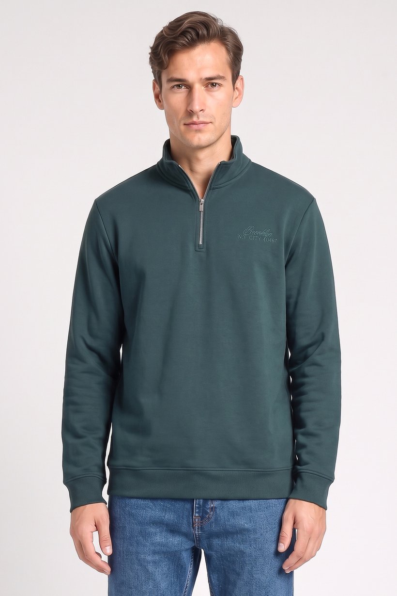 Men High Neck Embroidered Long Sleeve Sweatshirt, Dark Green