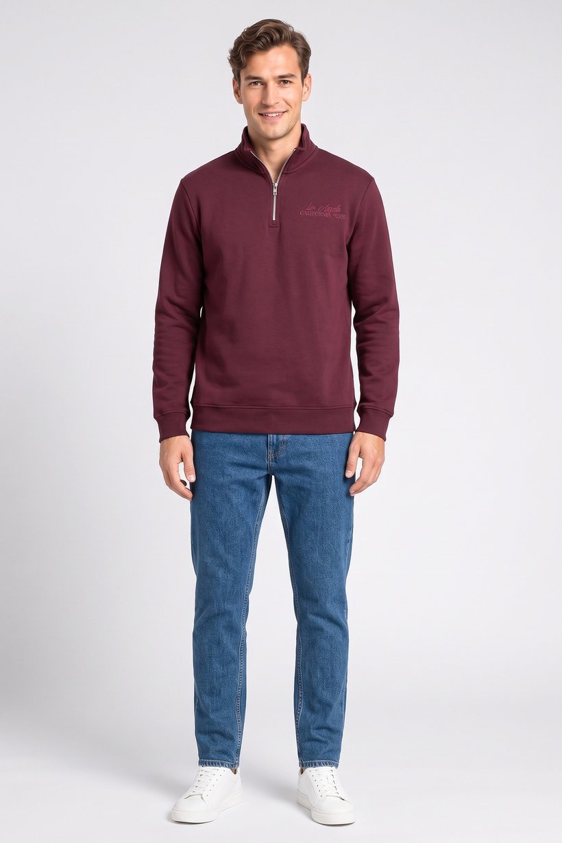 Men High Neck Embroidered Long Sleeve Sweatshirt, Maroon