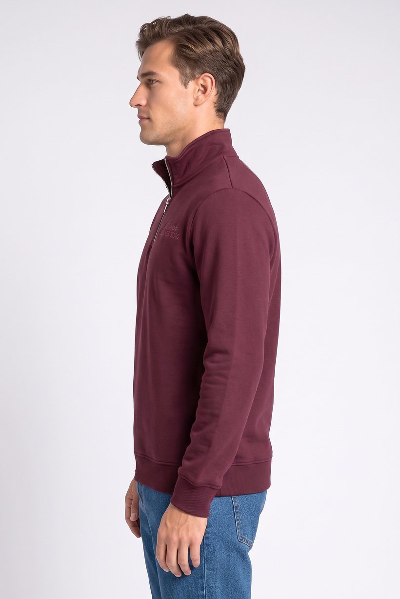 Men High Neck Embroidered Long Sleeve Sweatshirt, Maroon