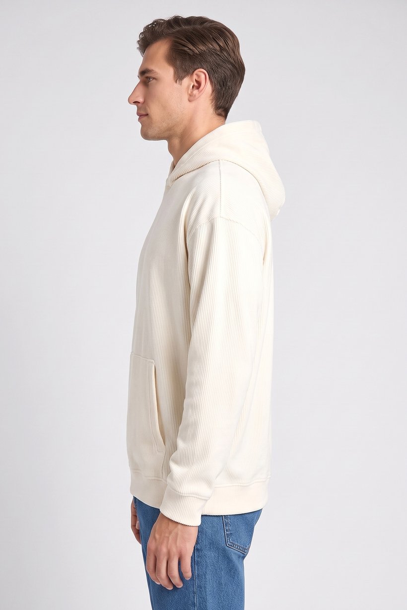 Men Ribbed Long Sleeve Hoodie, Cream