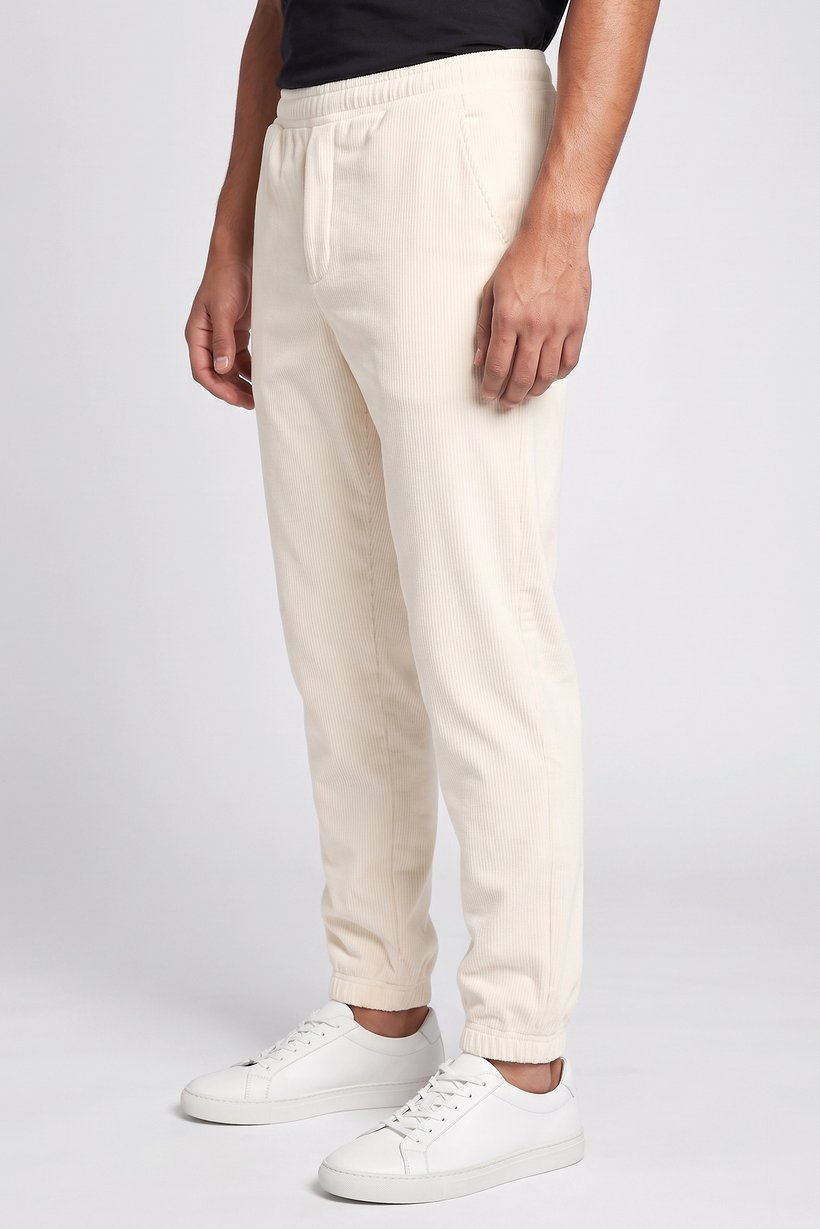 Men Regular Fit Textured Corduroy Pants, Ivory