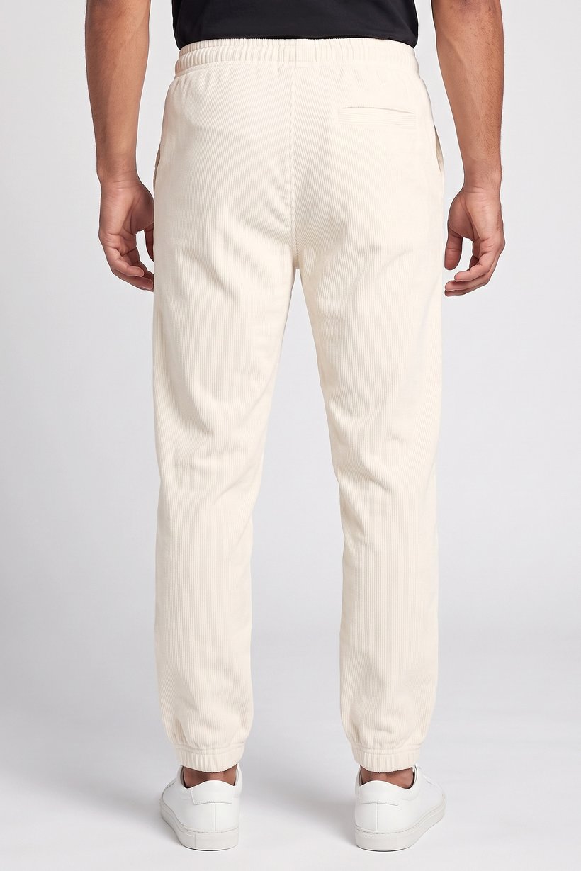 Men Regular Fit Textured Corduroy Pants, Ivory