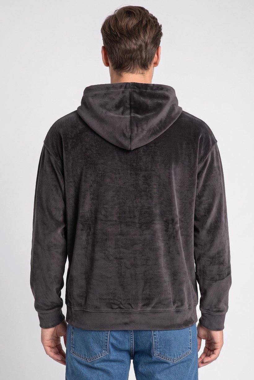 Men Ribbed Long Sleeve Hoodie, Dark Grey