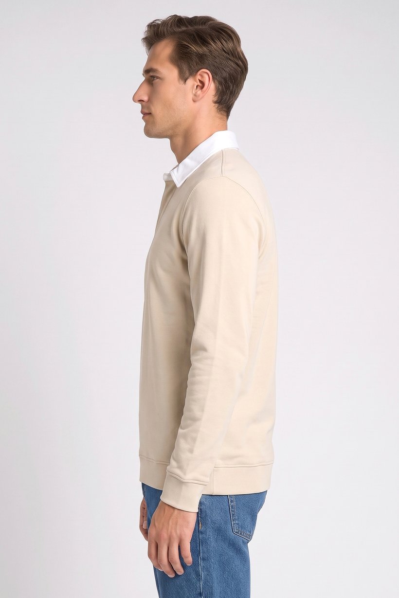 Men Regular Fit Long Sleeve Plain Polo Shirt, Light Beige
