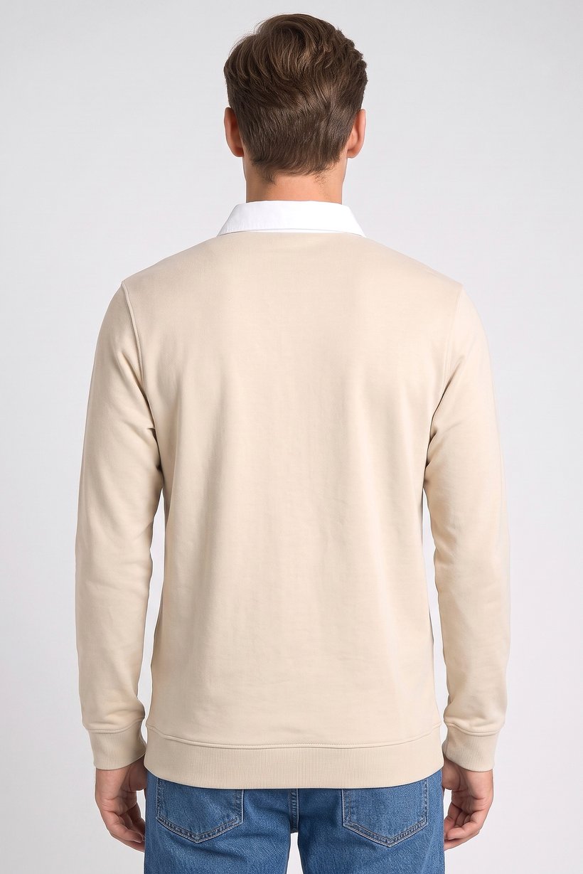Men Regular Fit Long Sleeve Plain Polo Shirt, Light Beige