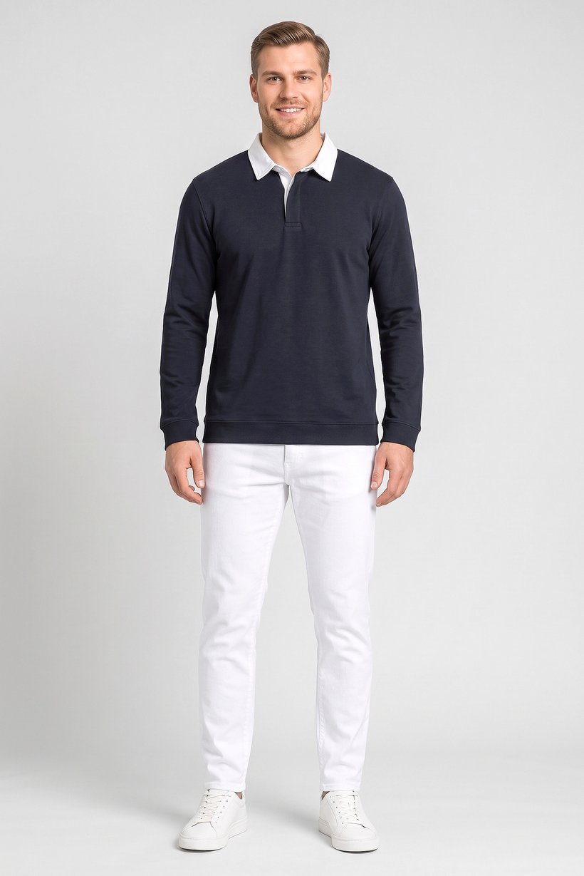 Men Regular Fit Long Sleeve Plain Polo Shirt, Dark Navy