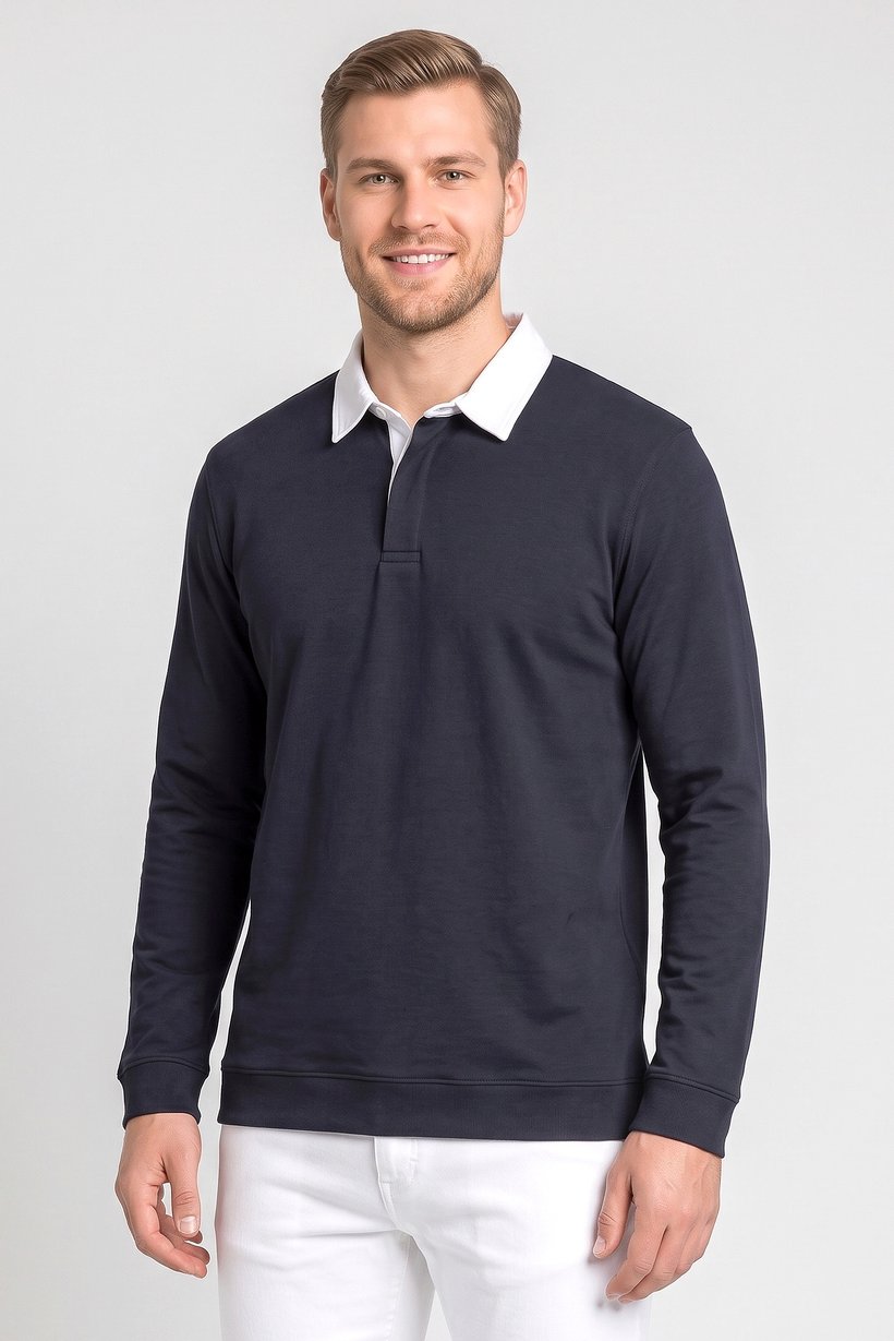 Men Regular Fit Long Sleeve Plain Polo Shirt, Dark Navy