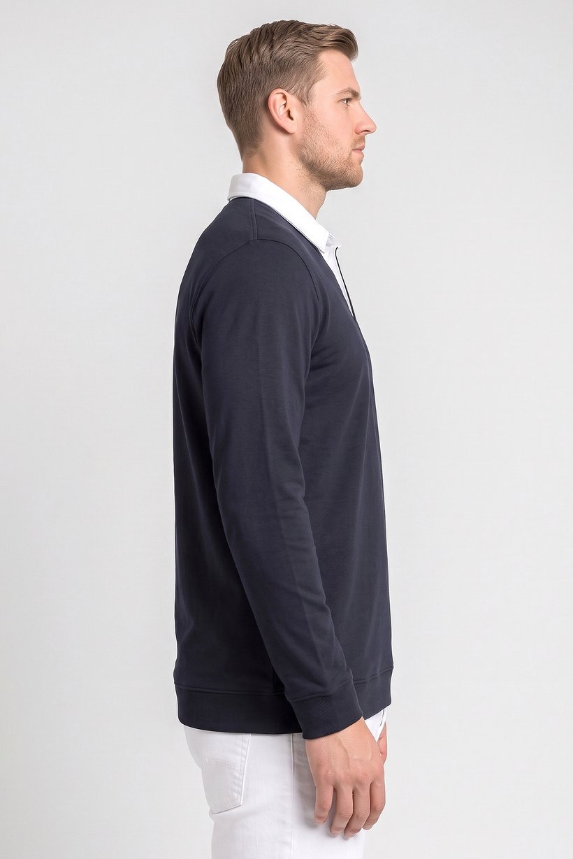 Men Regular Fit Long Sleeve Plain Polo Shirt, Dark Navy