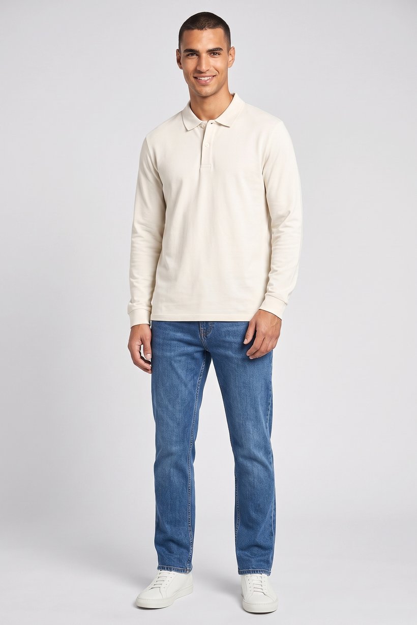 Men Spread Collar Long Sleeve Polo Shirt, Off White