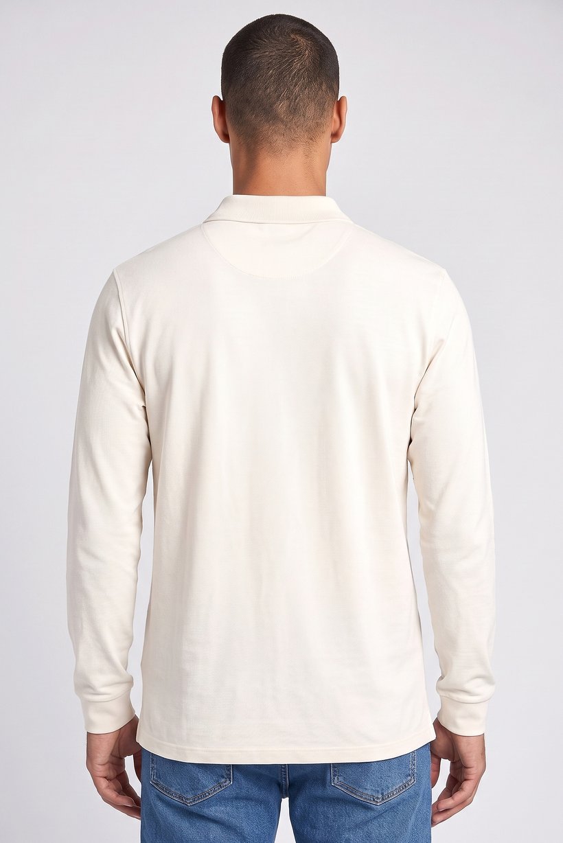 Men Spread Collar Long Sleeve Polo Shirt, Off White