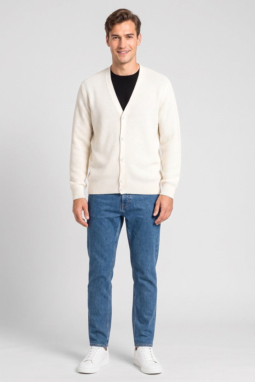 Men V Neck Long Sleeve Knitted Cardigans, Off White
