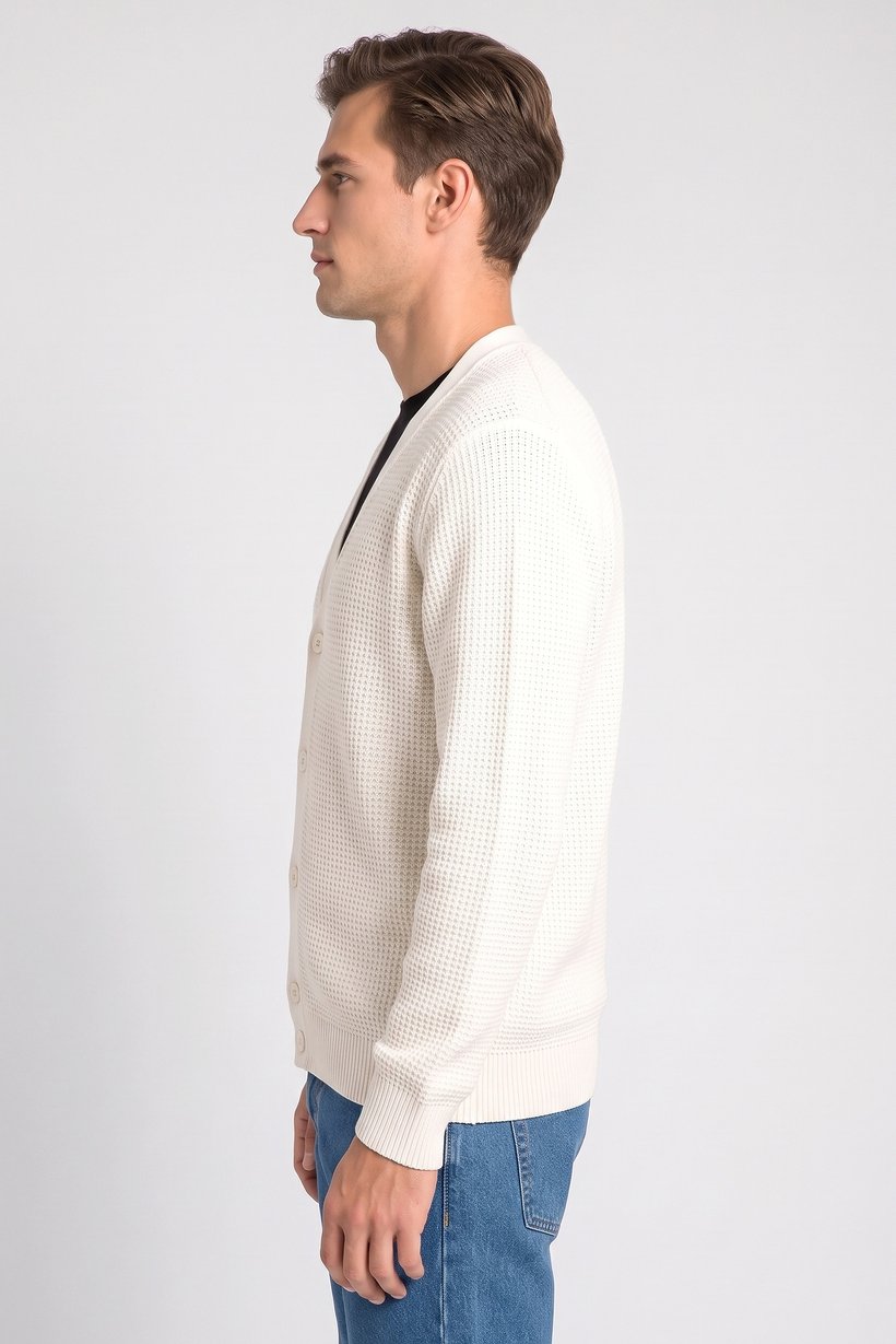 Men V Neck Long Sleeve Knitted Cardigans, Off White
