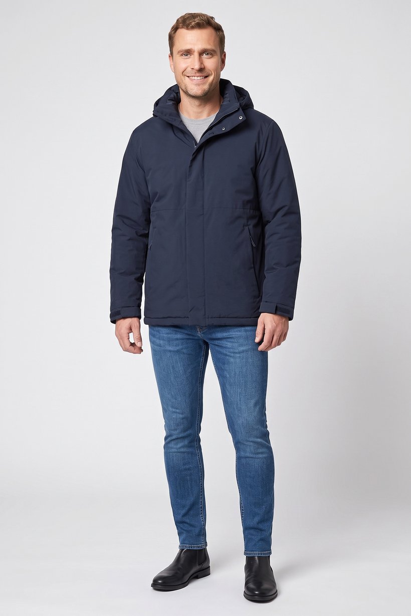 Men Solid Puffer Jacket, Navy