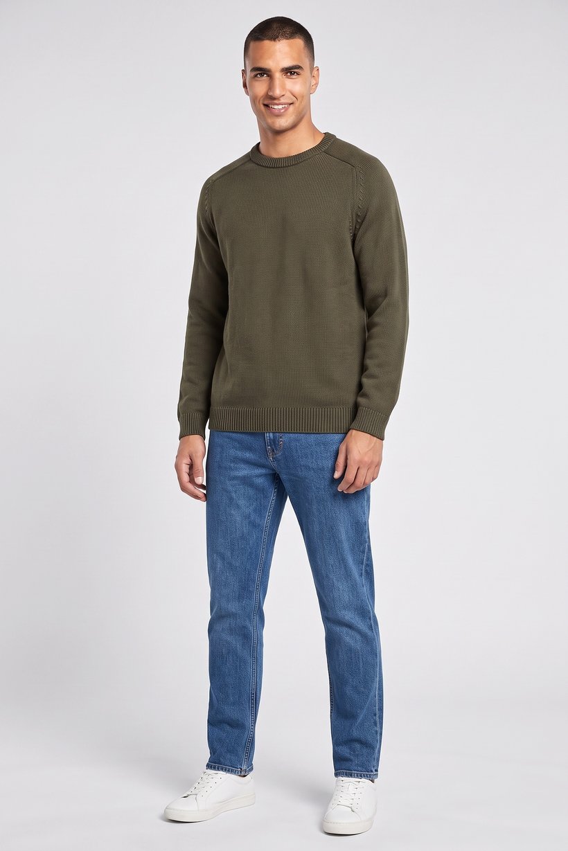 Men Crew Neck Textured Sweater, Olive