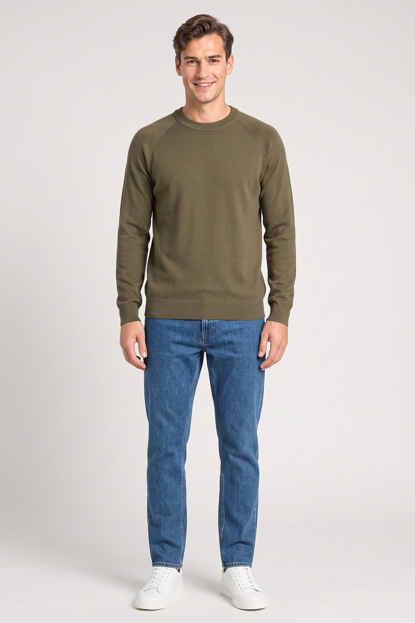 Men Crew Neck Knitted Sweater, Dark Olive