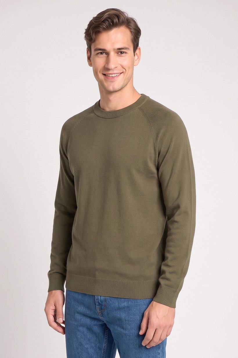 Men Crew Neck Knitted Sweater, Dark Olive