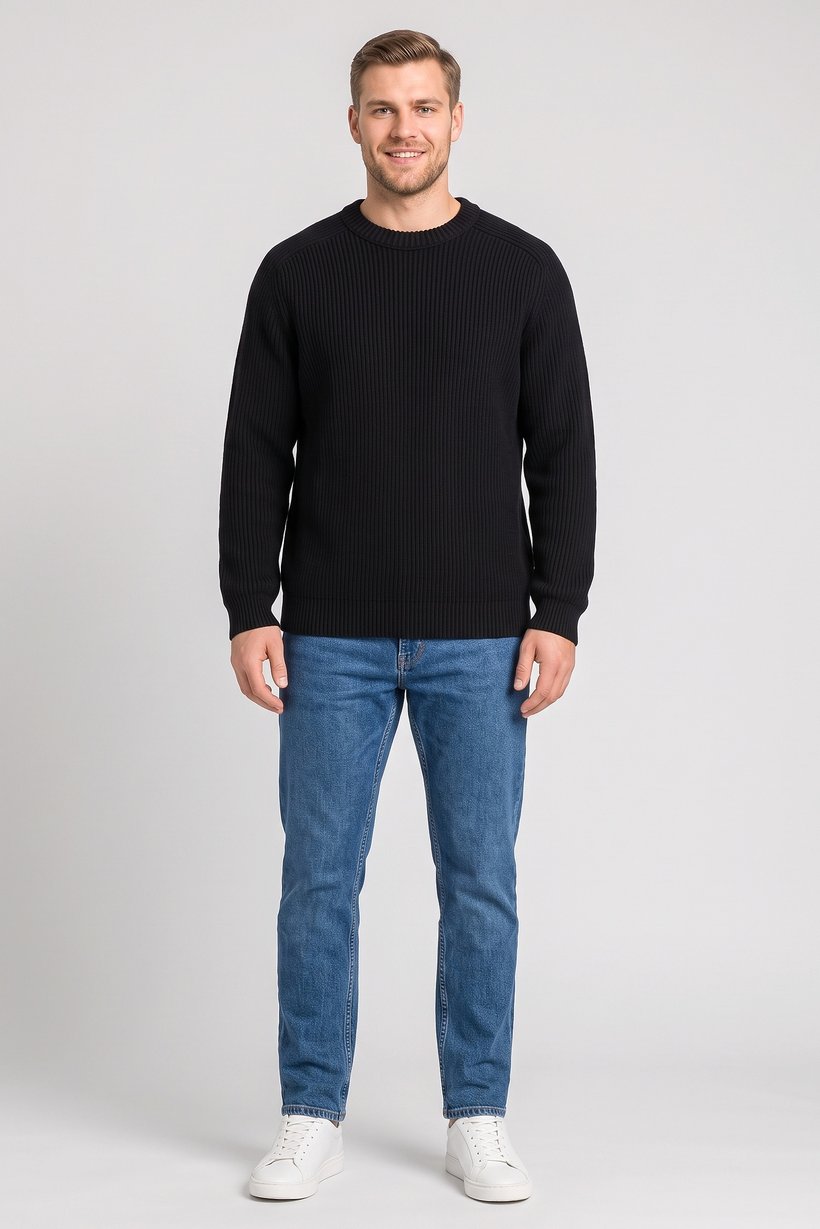 Men Crew Neck Ribbed Sweater, Black
