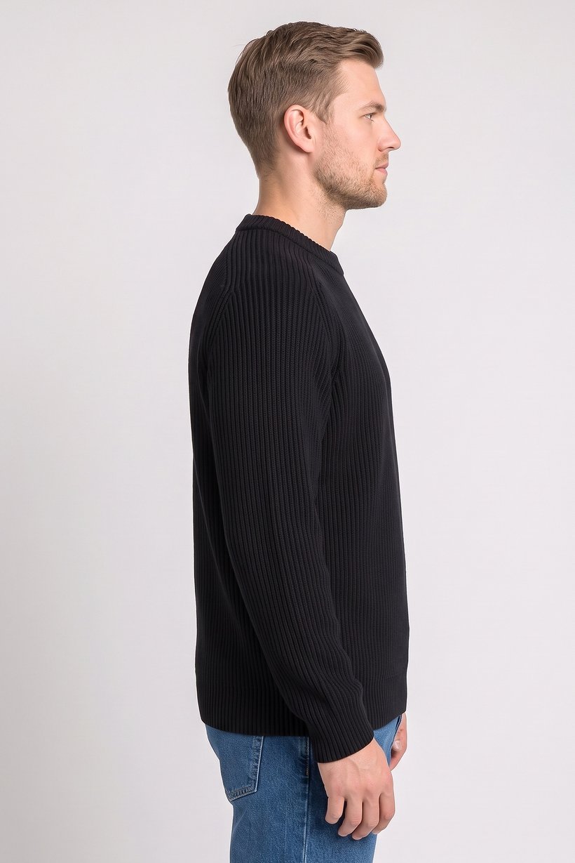 Men Crew Neck Ribbed Sweater, Black