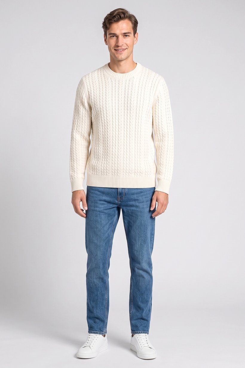 Men Crew Neck Knitted Sweater, Light Beige