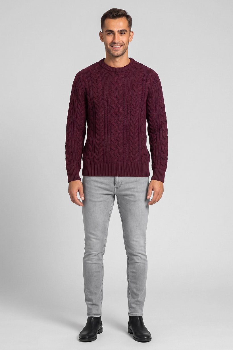 Men Crew Neck Cable Knit Sweater, Burgundy