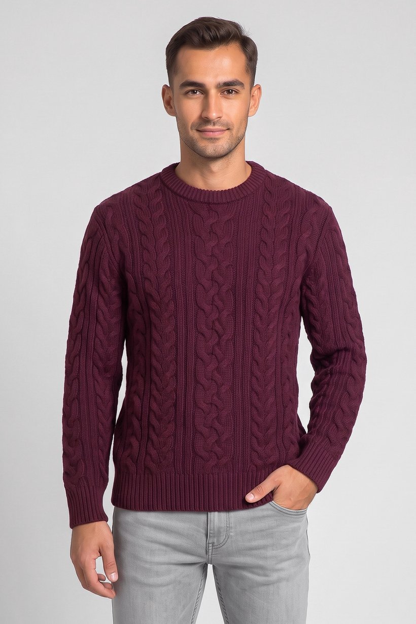 Men Crew Neck Cable Knit Sweater, Burgundy