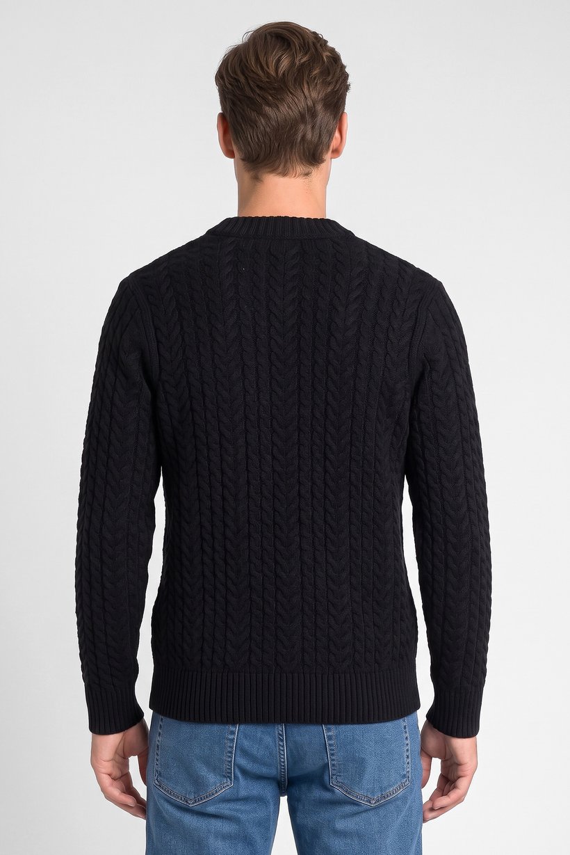 Men Crew Neck Cable Knit Sweater, Black