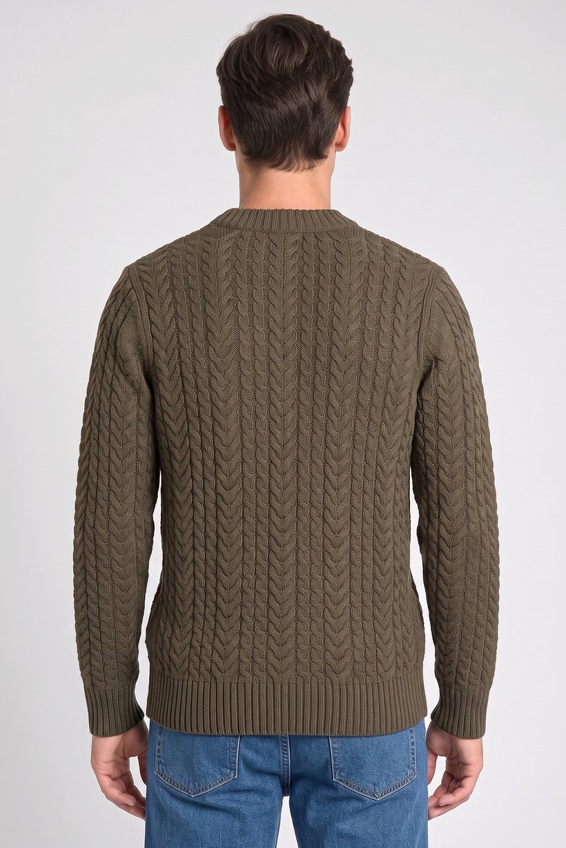 Men Crew Neck Cable Knit Sweater, Dark Olive
