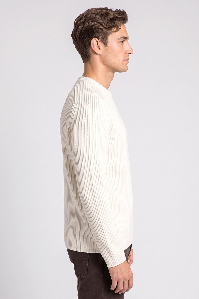 Men Crew Neck Long Sleeve Knitted Sweater, Cream