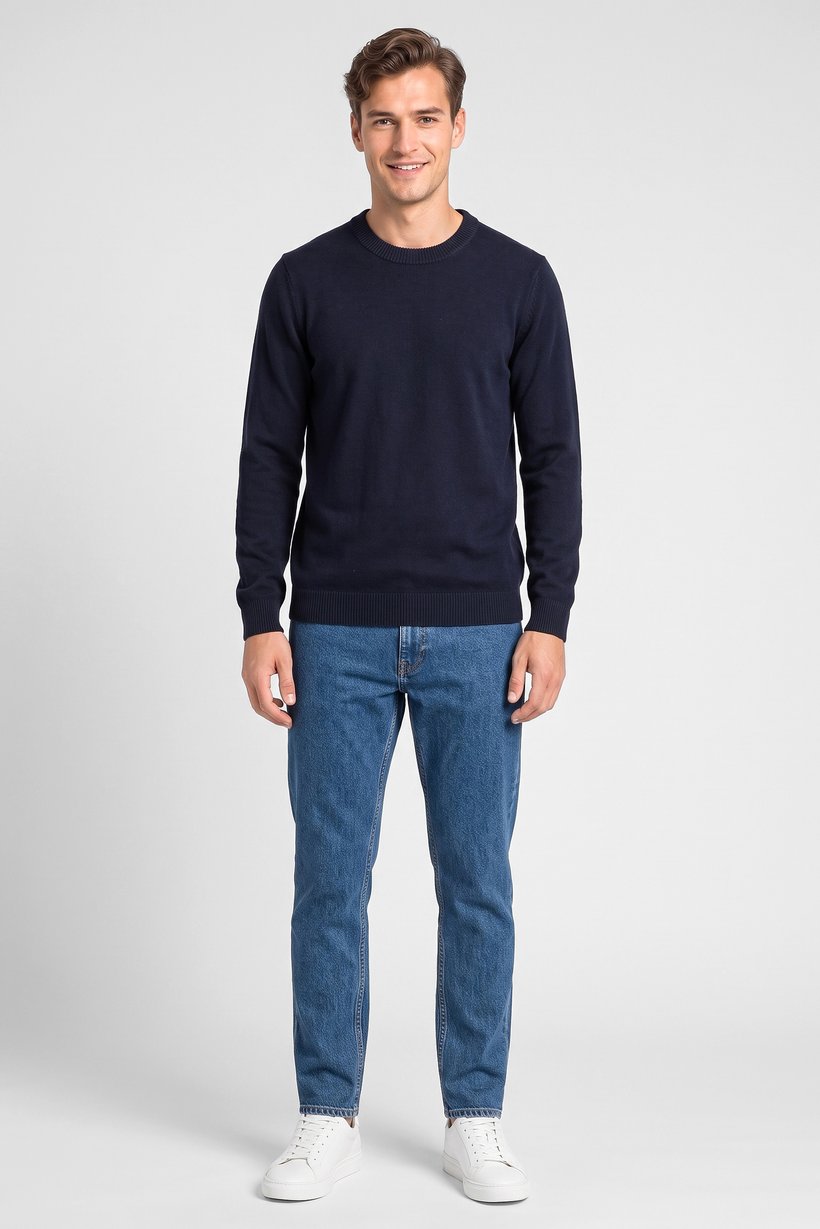 Men Crew Neck Knitted Sweater, Navy