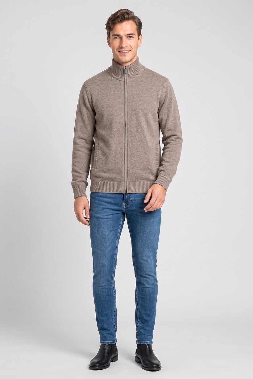 Men Crew Neck Knitted Cardigan, Beige