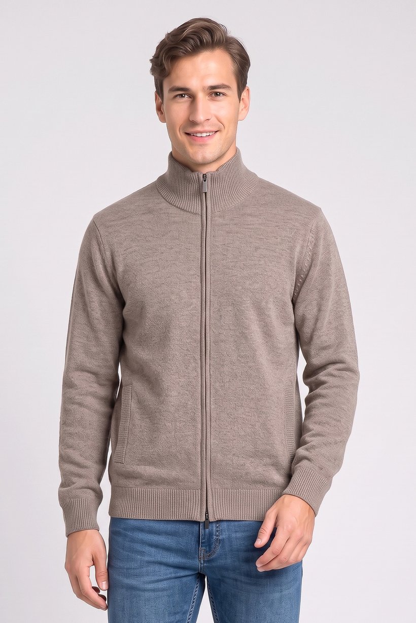 Men Crew Neck Knitted Cardigan, Beige