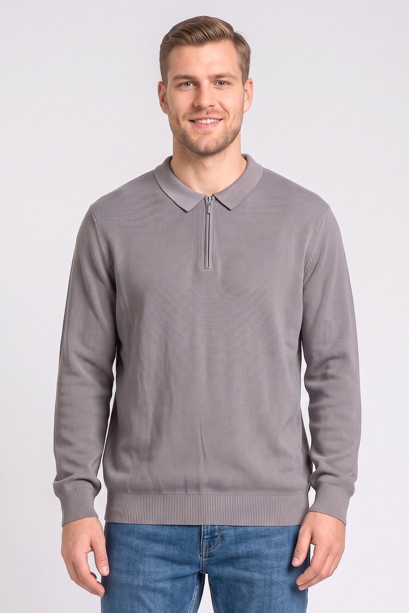 Men Spread Collar Textured Long Sleeve Sweater, Grey