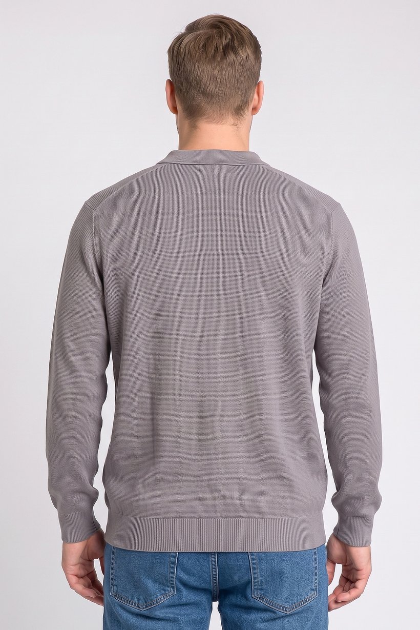 Men Spread Collar Textured Long Sleeve Sweater, Grey
