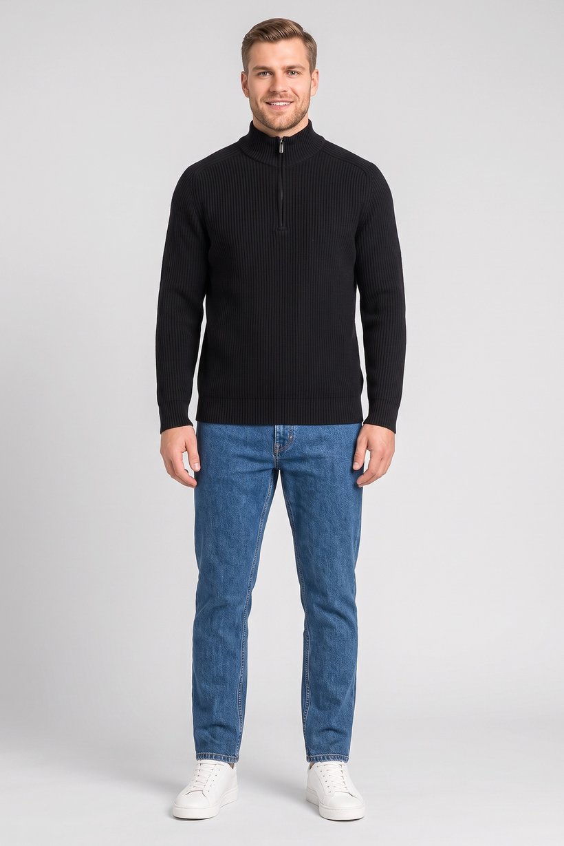 Men Mock Neck Knitted Sweater, Navy