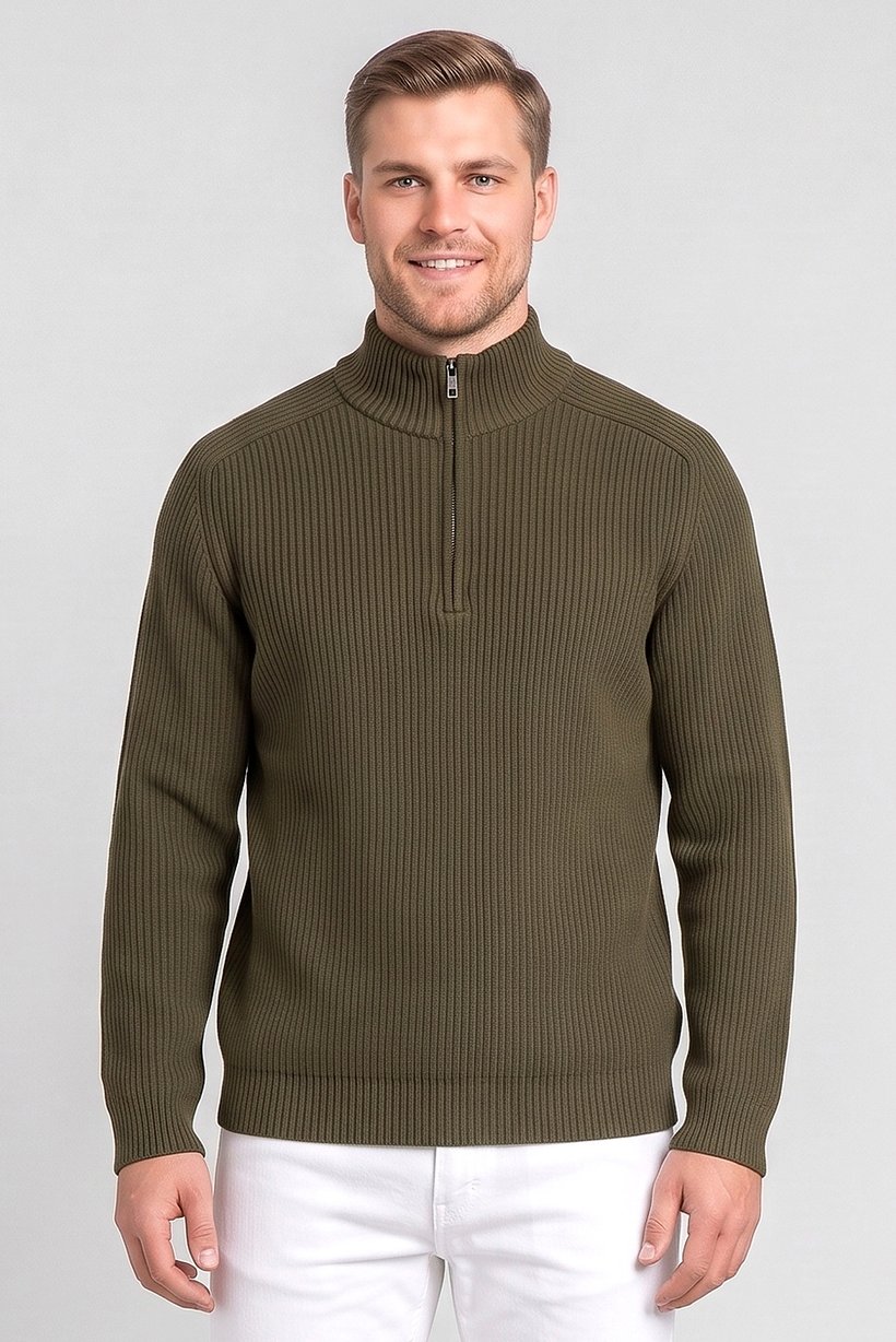 Men Mock Neck Textured Sweater, Dark Green