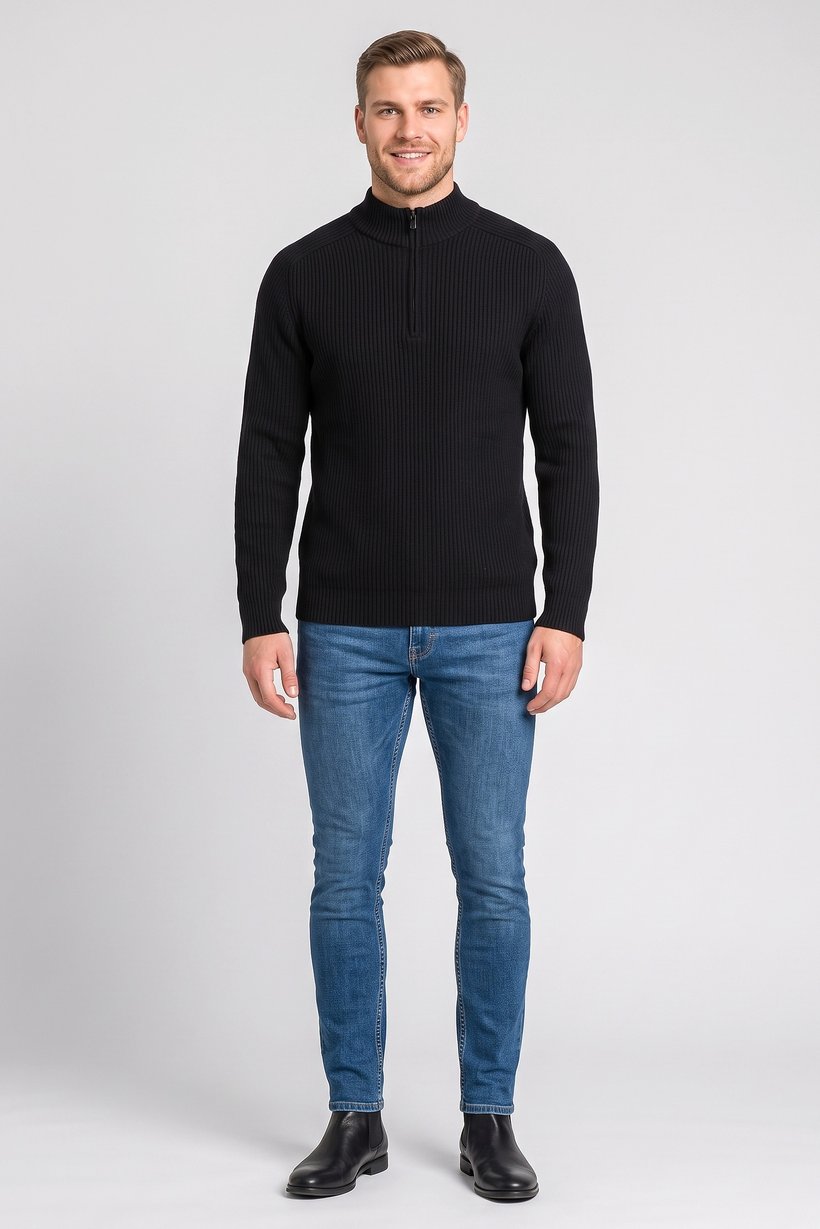 Men Mock Neck Textured Sweater, Black