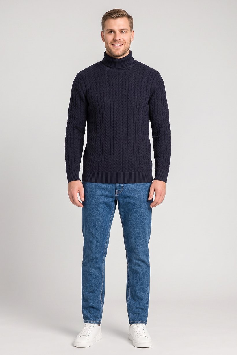 Men Turtle Neck Textured Sweater, Deep Navy