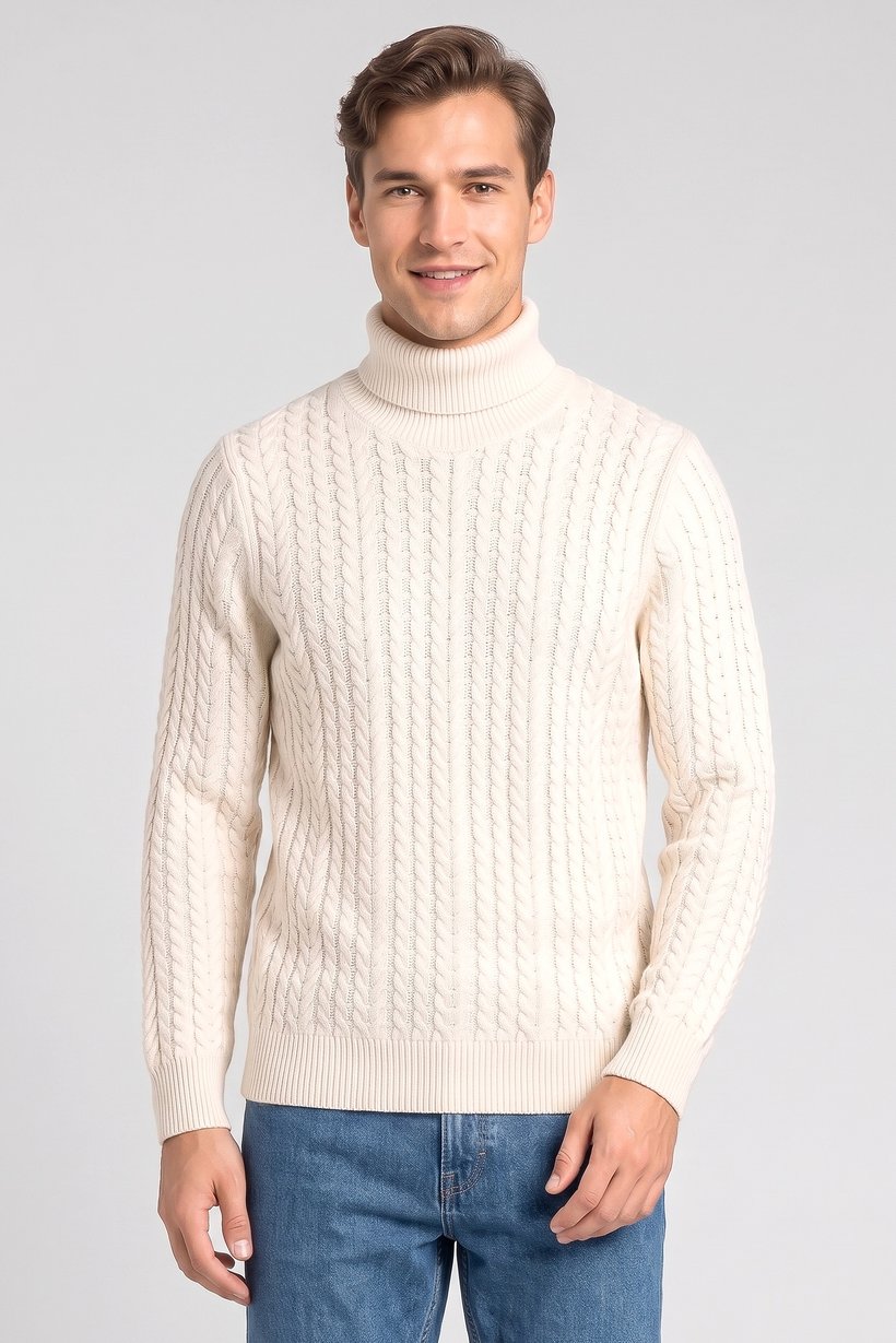 Men High Neck Cable Knitted Sweater, Cream