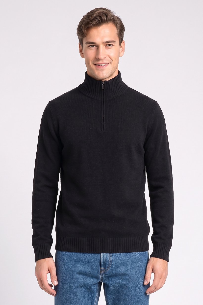 Men High Neck Knitted Half Zip Sweater, Black