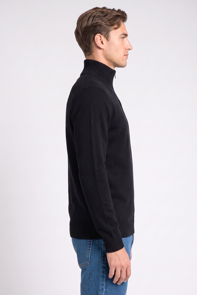 Men High Neck Knitted Half Zip Sweater, Black