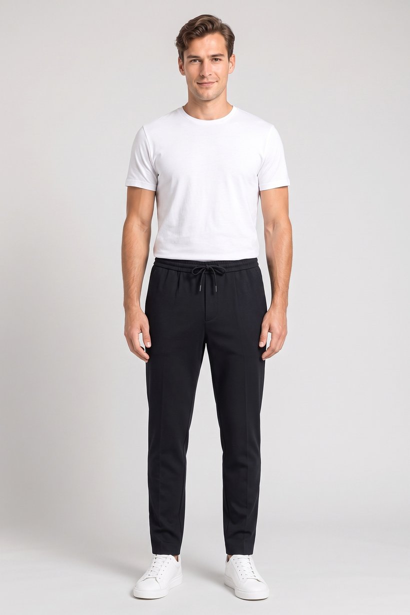 Men Slim Fit Solid Straight Leg Pants, Navy