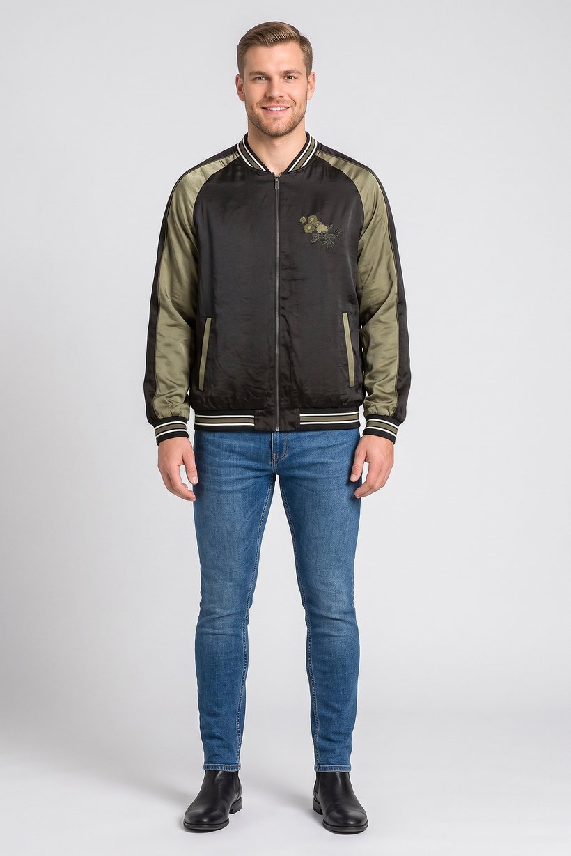 One Piece Men Embroidered Bomber Jacket, Black