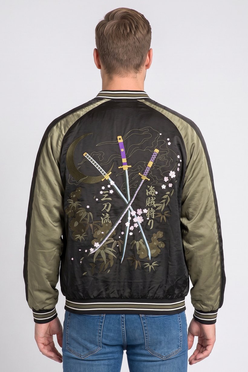 One Piece Men Embroidered Bomber Jacket, Black
