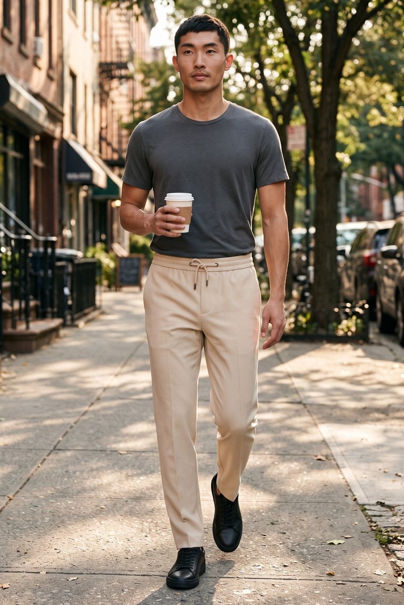 Men Slim Fit Solid Straight Leg Pants, Beige